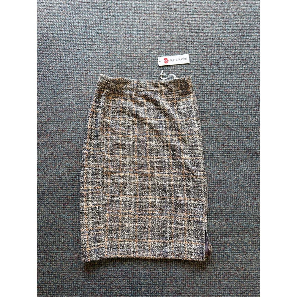 Kate Kasin Plaid Tweed Pencil Skirt High Waist Side Slit Grey Orange Small NWT